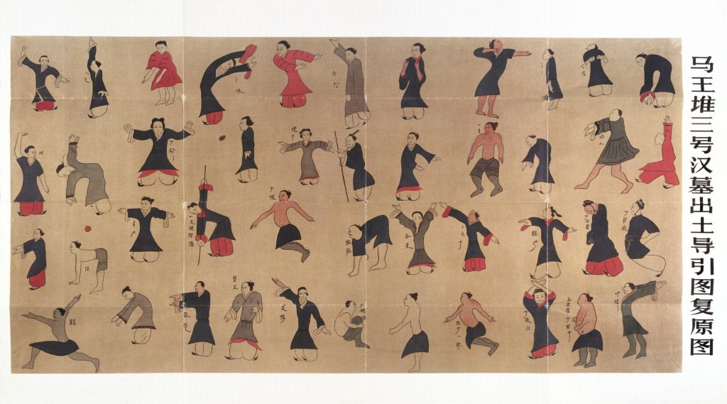 A historical silk painting titled Daoyin Tu featuring 44 colorful figures of various social classes performing healing postures.
