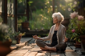 An elderly woman sitting cross-legged in meditation