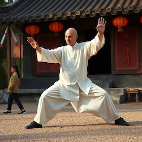 A man in a tai chi qigong pose in front of a temple