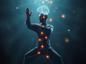 image of a tai chi qigong practitioner overlayed with an image of the brain, and energy pathways