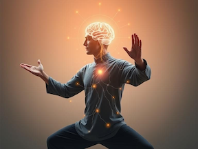 Tai Chi pose overlayed with brain and energy meridians