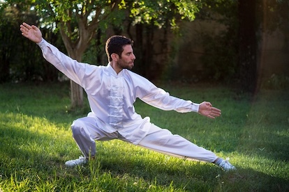 A man practicing tai chi chuan out in nature