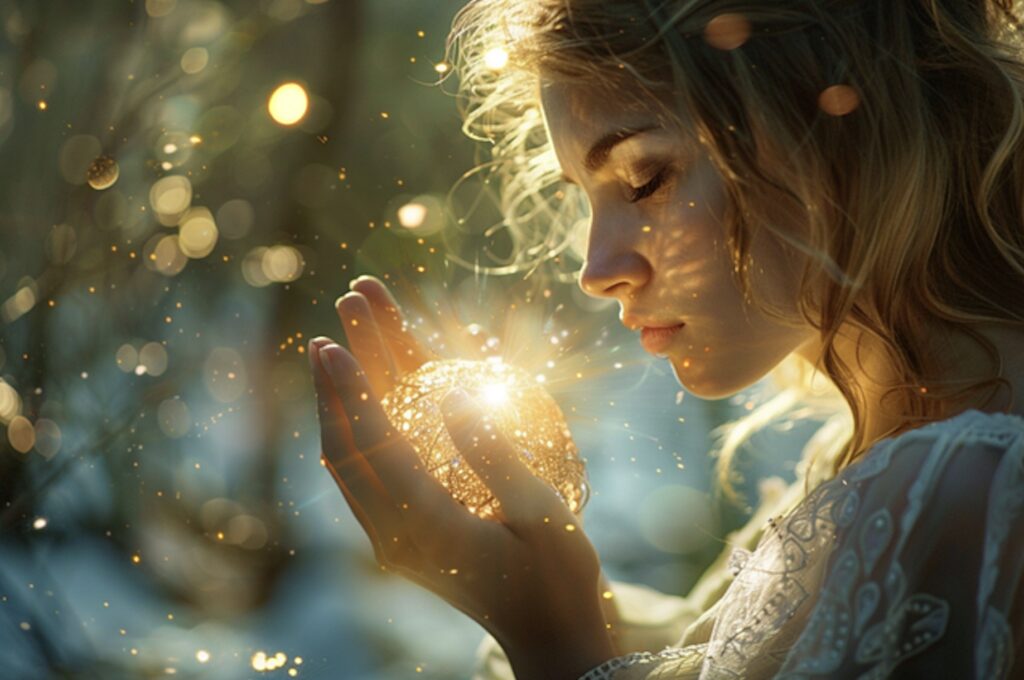 A woman gathering chi energy from the environment.
