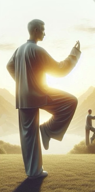 Man standing one one leg in Golden Rooster Tai Chi Stance