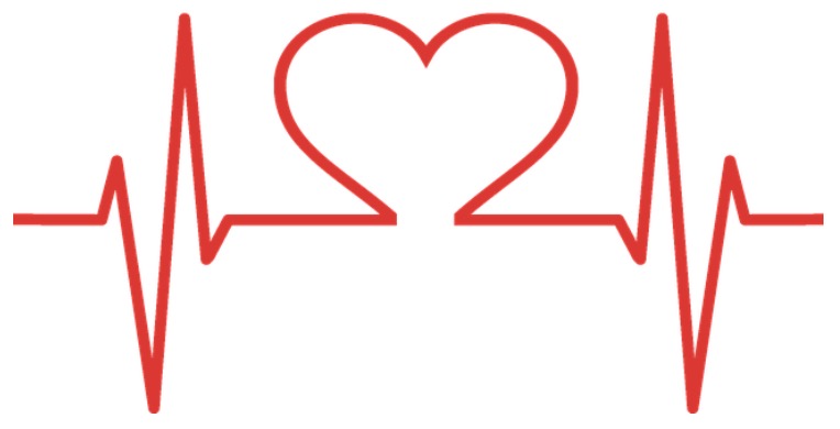 A red line resembling an ECG trace, creatively shaped into a heart outline and on either side are peaks and valleys, symbolizing the electrical activity of the heart.