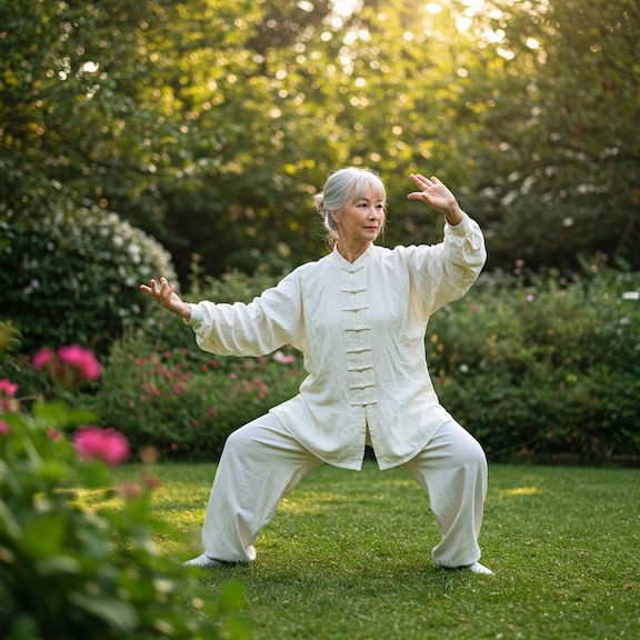 An older woman practicing tai chi qigong in the morning