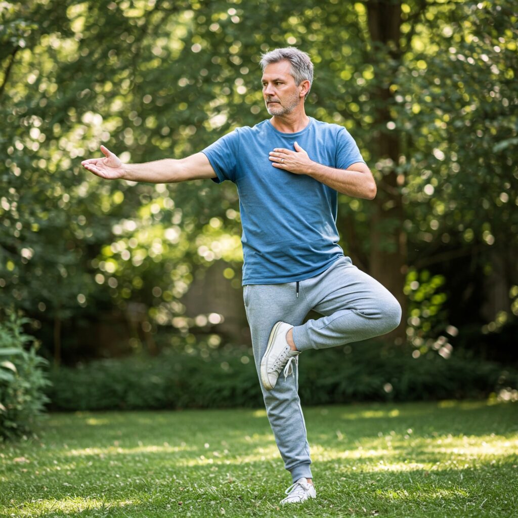 man in a one-legged pose