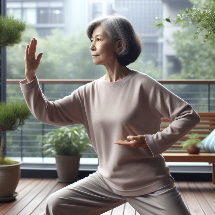 A middle aged woman practicing tai chi qigong
