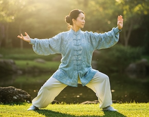 Female practicing tai chi qigong for relieving stress and anxiety
