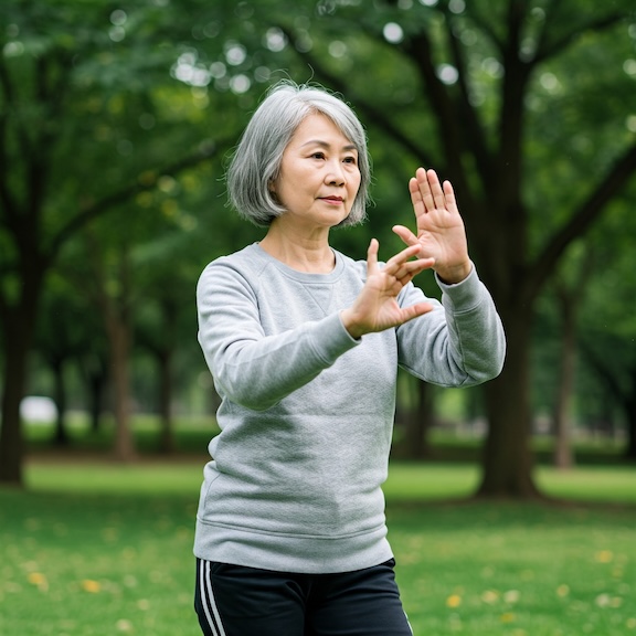 Older woman practicing tai chi qigong
