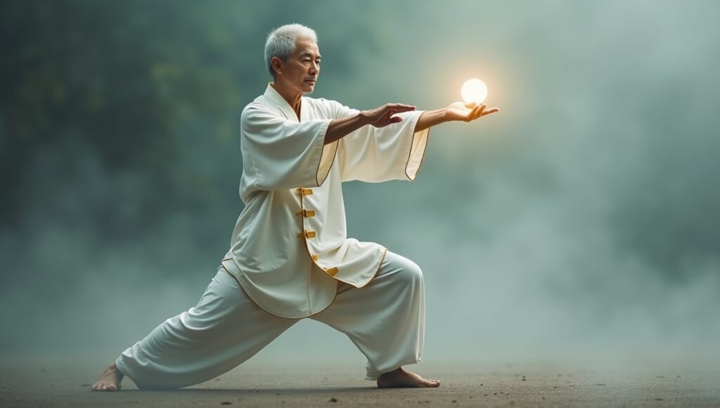 A qigong practitioner generating chi energy with his hands.