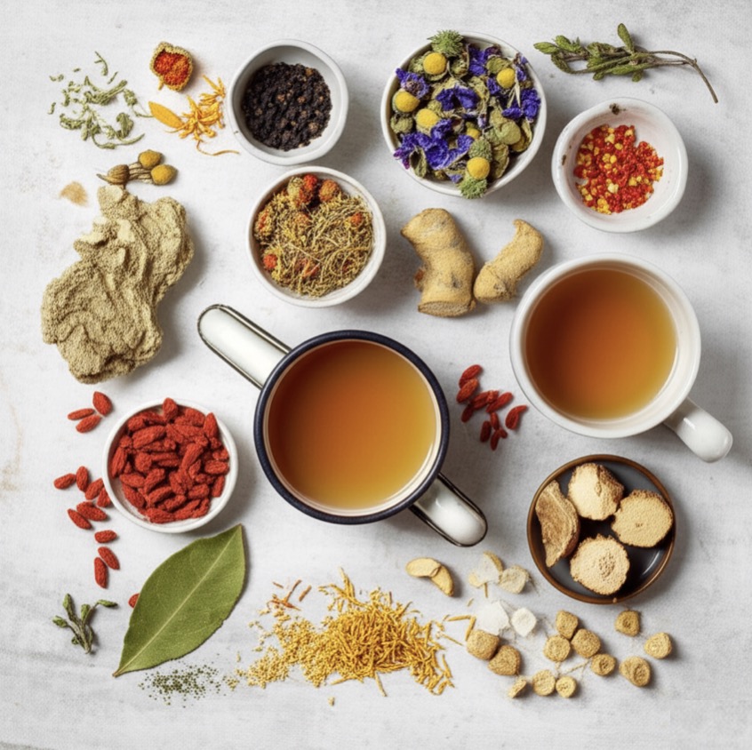 An assortment of herbs and bone broth