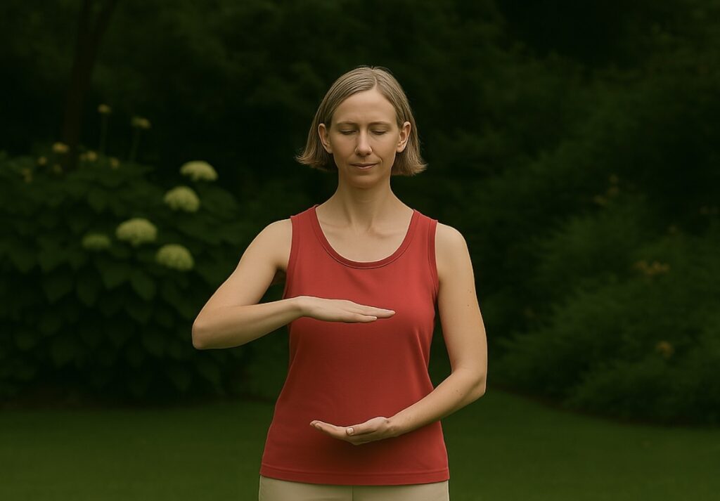 a female practitioner practicing qigong outdoors