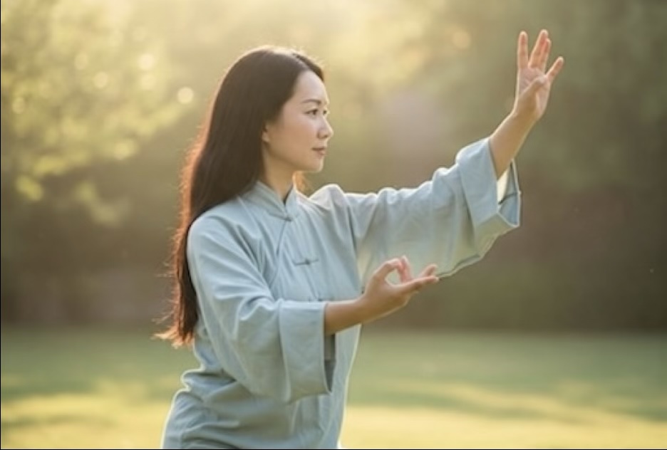 A female practicing tai chi qigong.