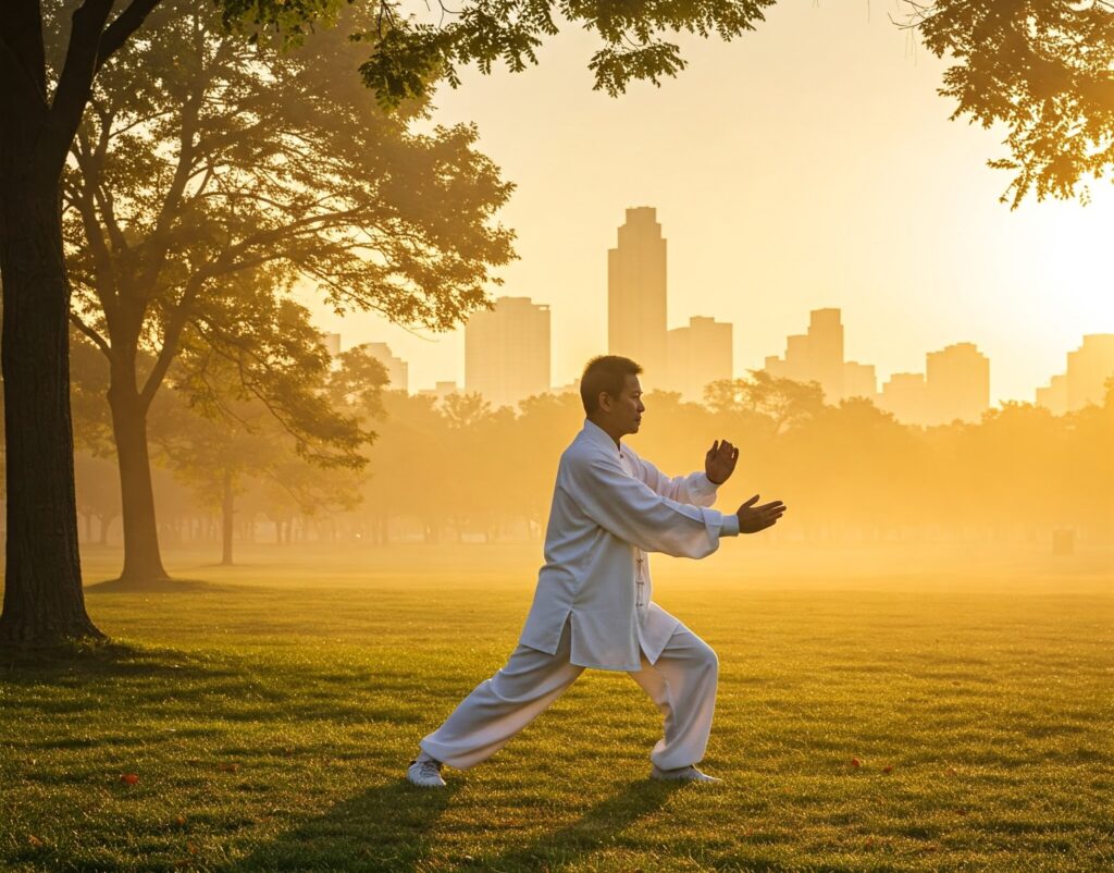 A tai chi practitioner in a park with an urban cityscape in the background.