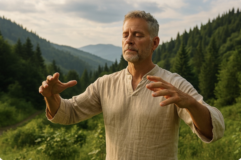 Person practicing qigong outdoors demonstrating gentle healing movements