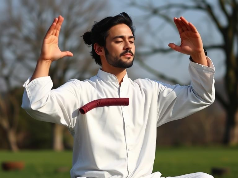 Male practitioner practicing breathwork in open space