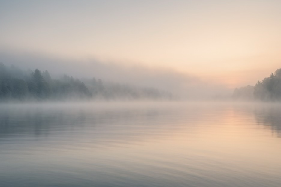 A view of a mist-covered lake at dawn, with soft fog drifting across still water and gentle early light unfolding through the haze. The scene conveys tranquility, spaciousness, and quiet potential, evoking the principles of yi, wuwei, and wuji in tai chi qigong.