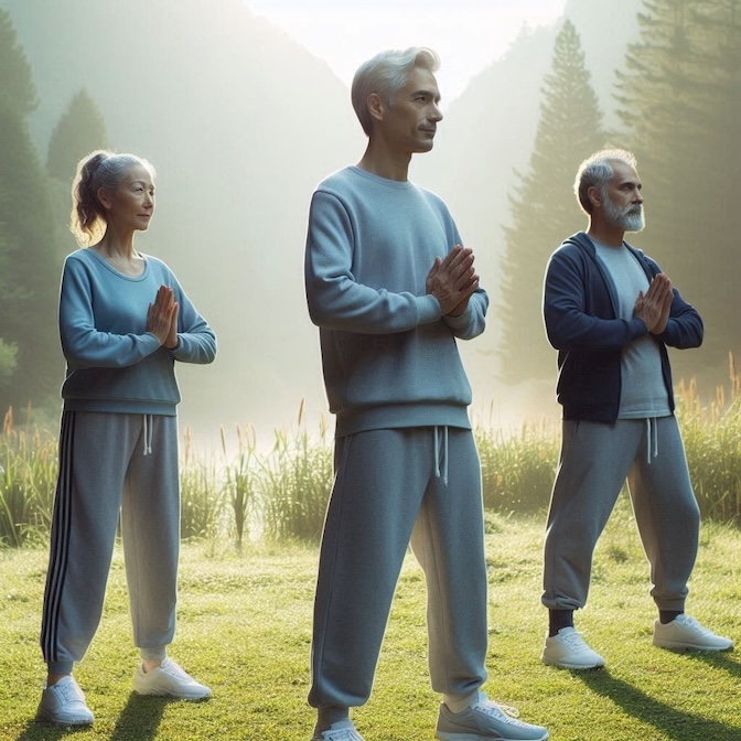 Three people in a standing qigong posture with hands held at the solar plexus, showing what is qigong in practice