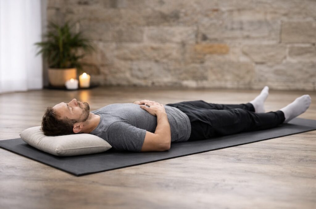 A man lying on a mat with hands resting on the lower dantian meditating in recumbent posture