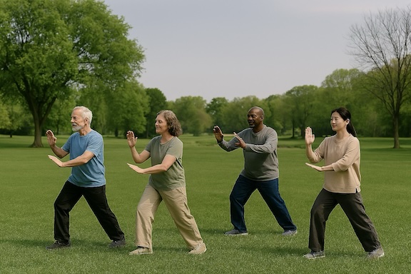 A diverse group practicing gentle tai chi qigong outdoors, spaced widely across a green park with trees and water in the background.