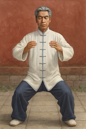 A man standing in low Zhan Zhuang posture.