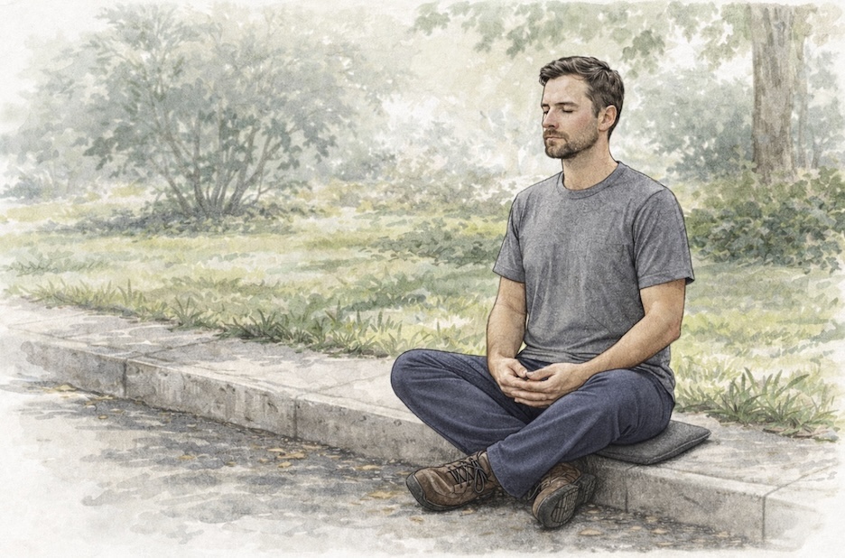 A man sitting cross-legged on a curb, meditating.