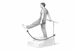 Simple sketch of a man holding the railing with the right hand and with the right leg standing on an elevated step and the other leg swinging back and forth.