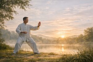 A person practicing slow, flowing tai chi qigong near a calm lake at sunrise, moving with ease and intention in a natural setting.