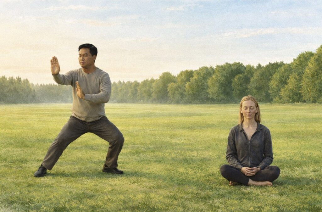 A man practicing moving meditation juxtaposed with a female practicing quiescent meditation in a wide open field