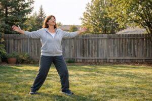 middle‑aged woman practicing tai chi qigong in a fenced backyard, standing in the opening the chest pose