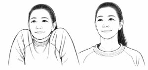 Simple sketch of a female in two overlapping frames, one bringing up the shoulders in a tight lift and the second one with neck and shoulders relaxed.