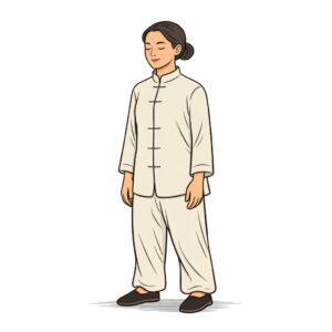 Person standing in a relaxed meditative posture wearing traditional Chinese garb, eyes closed, arms resting naturally at sides, calm expression, white background.