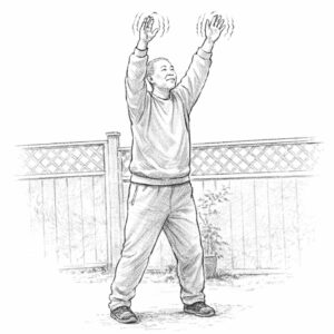 A sketch of a male qigong practitioner standing outdoors in front of a wooden fence. He wears loose sweatpants and a sweatshirt, with arms raised and palms open, surrounded by motion lines to indicate vibration. His knees are slightly bent, feet shoulder-width apart, and gaze directed upward. 