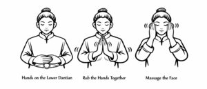 Three black‑and‑white line drawings arranged horizontally, showing the shougong closing routine: hands resting on the lower dantian, rubbing the hands together, and massaging the face. Each sketch features the same calm figure in traditional garb, with clear labels beneath each step.