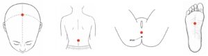 Four anatomical sketches marking acupoints at the crown, lumbar midline, perineum, and center of the foot.
