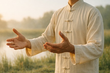 Close-up illustration of a person practicing daoyin meditation, with relaxed open hands held in front of the body, wearing a traditional light-colored garment outdoors in soft morning light.