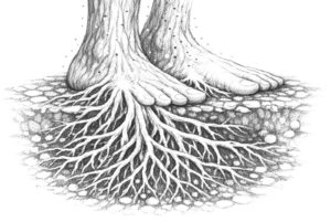 Detailed pencil drawing of human feet merging with deep, intricate tree roots into the earth, symbolizing the Sinking Root principle in tai chi qigong.