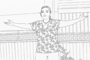 Black and white line drawing of a female with arms extended outward, practicing a tai chi qigong posture cardiovascular health and relaxation.
