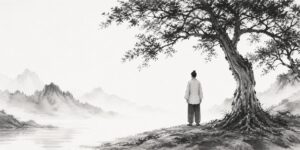 Black‑and‑white ink sketch of a person standing under a tree beside a riverbank, facing distant misty mountains.