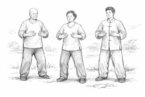 3 people standing in zhan zhuang postures