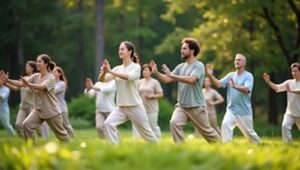 A group of people practicing tai chi in a sunny park, standing in rows and moving their arms in slow, synchronized motions surrounded by tall trees and soft natural light.