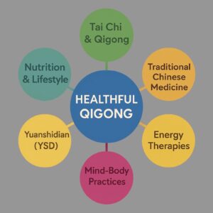 A visual representation of Healthful Qigong as a unique integrative system reflecting a fusion of modalities: Tai Chi & Qigong, Traditional Chinese Medicine, Yuanshidian, Nutrition & Lifestyle, Energy Therapies and Mind-Body Practices