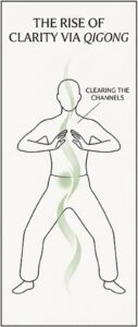 Minimalist line‑drawing showing three tai chi qigong steps: standing alignment, weight shift, and arm float as part of a simple daily routine.