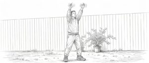 A sketch of a male qigong practitioner standing outdoors in front of a wooden fence. He wears loose sweatpants and a sweatshirt, with arms raised and palms open, surrounded by motion lines to indicate vibration. His knees are slightly bent, feet shoulder-width apart, and gaze directed upward.